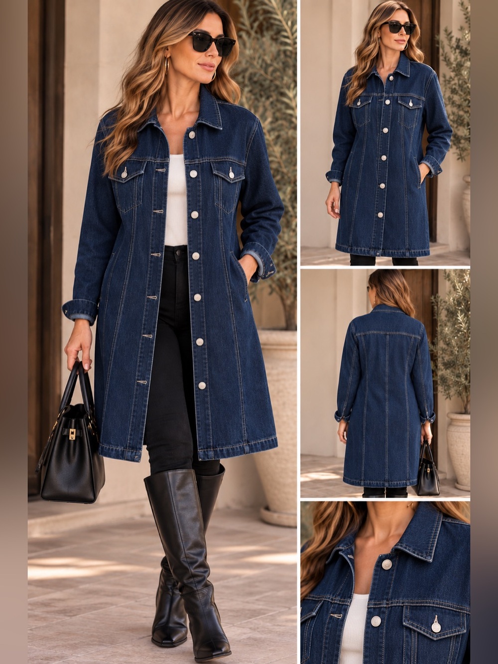 Keren Hart Long Denim Jacket Coat XL Dark Wash Stretch 4 Pockets